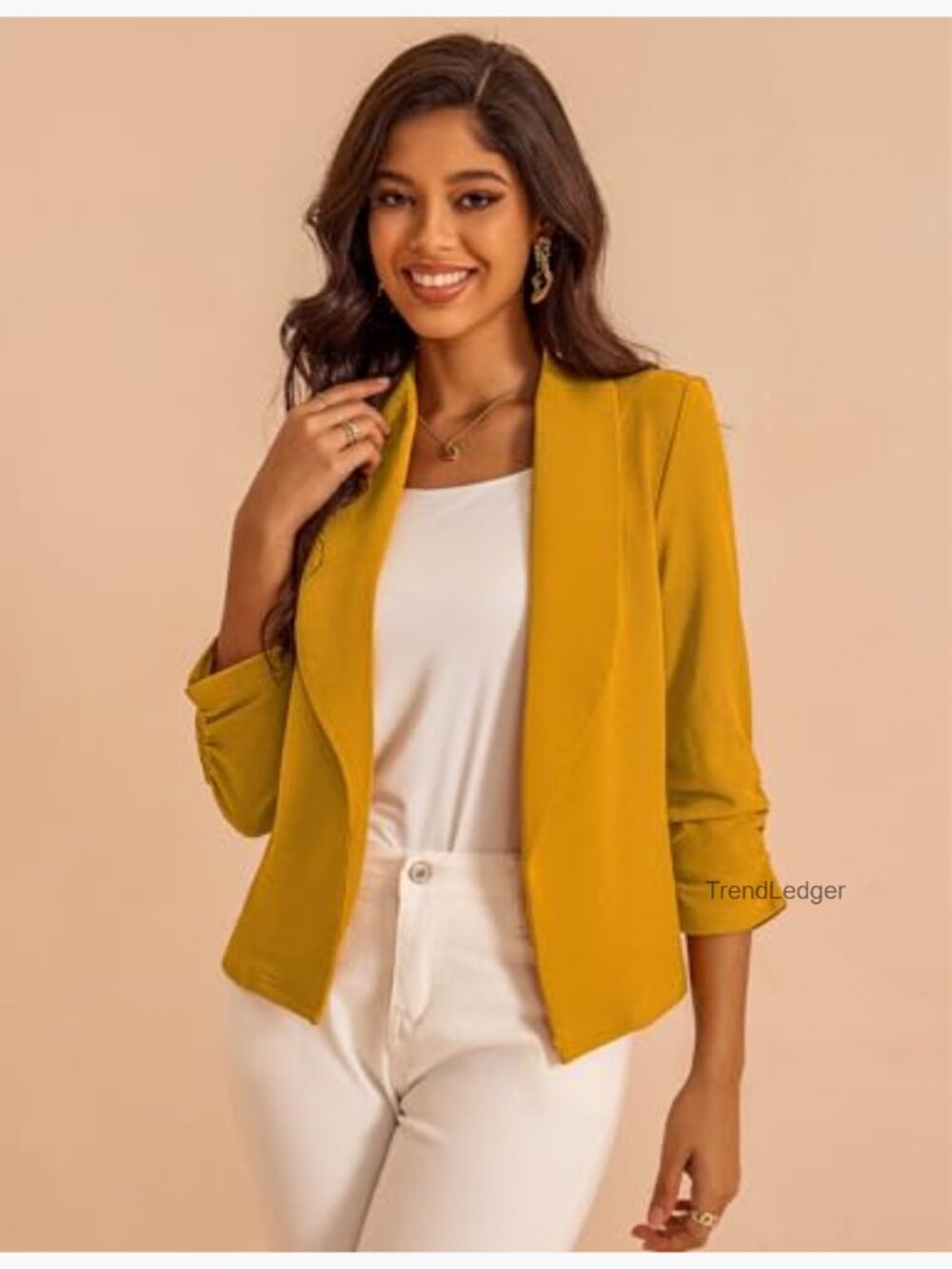 Cropped Open Front Blazer 3/4 Sleeve Cardigan Jacket Business Casual - Picture 2 of 7